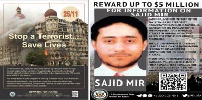 Sajid Mir, who allegedly was involved in the 26/11 terrorist attack in 2009 in Mumbai, is on the United States Federal Bureau of Investigation's Most Wanted Terrorist list. (Photo: FBI) A poster for the State Department's Rewards for Justice (RfJ) counter-terrorism list that offers a bounty for information leading to the capture of terrorists involved in the 26/11 attacks. (Photo: RfJ)