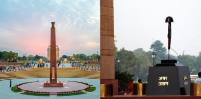 National War Memorial (L) and India Gate Amar Jawan Jyoti (R)