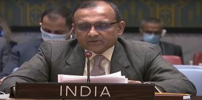 India's Permanent Representative T S Tirumurti addresses the emergency meeting of the Security Council on Ukraine developments on Monday, February 21, 2022. (Photo: UN)