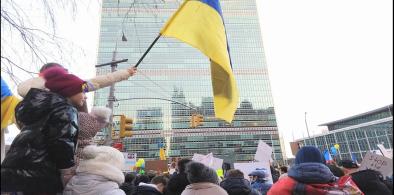 Outside the United Nations headquarters in New York on Sunday, February 27, 2022, several hundred Ukrainians and their supporters protest against the Russian invasion of Ukraine. Inside the building, the Security Council voted to ask the General Assembly to take Russia's invasion. (Photo: Arul Louis/IANS)