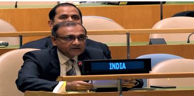 India's Permanent Representative T S Tirumurti speaks at United Nations General Assembly on Thursday, March 24, 2022, explaining India's decision to abstain on a resolution introduced by Ukraine on the humanitarian situation there. (Photo: UN) 