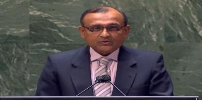 India's Permanent Represenative T S Tirumurti addresses the United Nations General Assembly's emergency session on Ukraine on Monday, February 28, 2022. (Photo: UN)