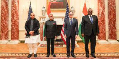 (Left to right) India’s Defence Minister Rajnath Singh, External Affairs Minister S Jaishankar, United States Secretary of State Antony Blinken and country's Secretary of Defense Lloyd Austin (Photo: Twitter)