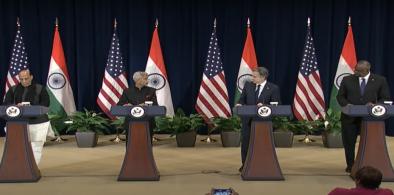 Indian Defence Minister Rajnath Singh, from left, Indian External Affairs Minister S. Jaishankar, US Secretary of State Antony Blinken and US Defence Secretary Lloyd Austin at a news conference capping their 2+2 meeting. (Photo: State Dept.)