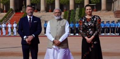 Danish PM Mette Frederiksen (R) with PM Narendra Modi (C) at the Rashtrapati Bhavan. (Photo: Twitter/ @MEAIndia)
