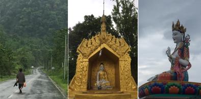 NH 13 is part of the Trans-Arunachal Highway network, 1,559 km in length connecting Wakro in the east to Tawang in the west(left). Part of Theravada Buddhist gompa in Rima village built by Burmese artisans(middle). An imposing statue of Jetsun Dolma (Tara Devi) close to the Bhutan border(right)