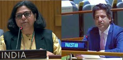 Kajal Bhatt, a counsellor in India’s mission to the United Nations responds at the Security Council on Thursday, June 3, 2022, to Pakistan’s accusations against India. Pakistan Acting Permanent Representative Aamir Khan(Photo: UN)