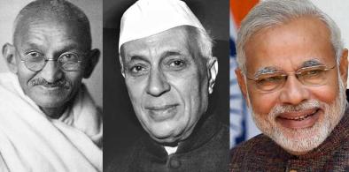 Mahatma Gandhi, Jawaharlal Nehru and Narendra Modi