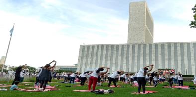 United Nations officials, diplomats and guests participate in a mass yoga exercise at the UN headquarters during the celebration of the eighth International Yoga Day on Monday, June 21, 2022. (Photo: Arul Louis)