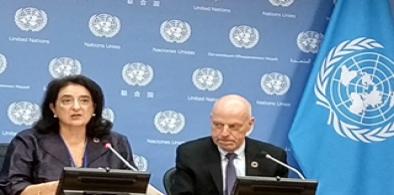 Francesca Spatolisano, the United Nations Assistant-Secretary-General for Policy Coordination and Inter-Agency Affairs, left, and Population Division Director John Wilmoth at the release of the Worl Population Prospects report on Monday, July 11, 2022. (Photo: Arul Louis)