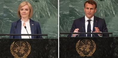 Britain’s Prime Minister Liz Truss speaks at the United Nations General Assembly on Wednesday, September 21, 2022 and France’s President Emmanuel Macron speaks at the United Nations General Assembly on Tuesday, September 20, 2022. (Photo: UN) 