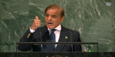  Prime Minister Muhammad Shehbaz Sharif speaks at the UN General Assembly on Friday, September 23, 2022. (Photo Source: UN)