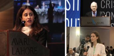(Left)Lawyer Sulema Jahangir, daughter of late Asma Jahangir moderating a session in AJCONF2022. (Right top) Steven Butler of the Committee to Protect Journalists addressing a session in AJCONF2022. (Right bottom) Audience member asking a question during a session. Photo credit: VoicePk.net