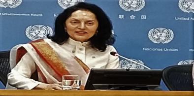 India’s Permanent Representative Ruchira Kamboj speaks at a news conference at the United Nations on Friday, October 7, 2022, about the Security Council Counter-Terrorism Committee’s special meeting in India. (Photo: Arul Louis)