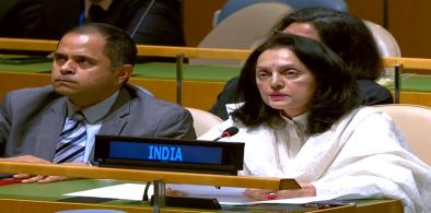 India’s Permanent Representative Ruchira Kamboj speaks at the United Nations General Assembly on Wednesday, October 12, 2022, after New Delhi abstained on a resolution condemning Russia’s annexation of Ukrainian territories. (Photo Source: UN)