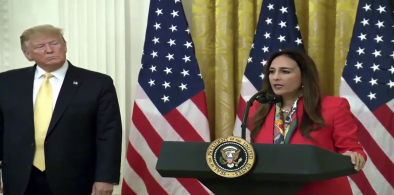 Harmeet Dhillon seen with former President Donald Trump at the White House in 2019 is seeking the presidency of the Republican Party. (Photo: Wikimedia)