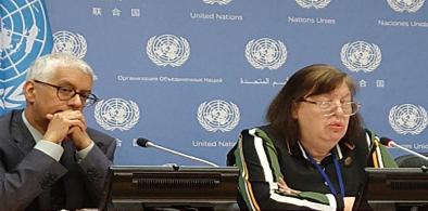 Virginia Gamba, the special representative of United Nations Secretary-General Antonio Guterres for Children in Armed Conflicts, speaks to reporters on Tuesday, June 27, 2023, at the UN headquarters. Guterres's Deputy Spokesperson Farhan Haq is at left. (Photo: Arul Louis)