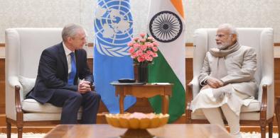 Prime Minister Narendra Modi with United Nations General Assembly President Csaba Korosi in New Delhi in 2023. (File Photo: UN)