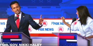 Vivek Ramaswamy and Nikki Haley face off during the Republican presidential nomination candidates debate on Wednesday, August 23, 2023, in Milwaukee. (Photo courtesy of Fox News)