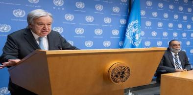 United Nations Secretary-General Antonio Guterres speaks at the launch of the Advisory Panel on Artificial Intelligence on Thursday, October 26, 2023, at the United Nations. His envoy on technology Amandeep Singh Gill is at right. (Photo: UN)