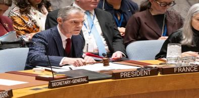 CaptionL United Nations Security Council President for April 2025, Jerome Bonnafont, the permanent representative of France