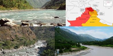 Upstream photos of the rivers (left to right) Ravi, Beas, Sutlej. Photos via Encyclopedia Britannica. Map: Conflict area between India and Pakistan. Screenshot from CNN