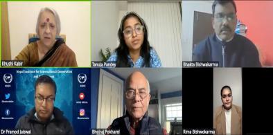 Panelists discussing Nepal’s shifting political landscape. (L-R) Khushi Kabir, Tanuja Pandey, Bhakta Bishwakarma, Dr. Pramod Jaiswal, Bhojraj Pokharel, Rima Bishwokarma