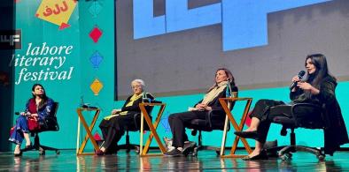 Woman power: Panel on Women, Law and the the Price of Dissent in Pakistan, (L-R) Rida Hosein moderating, with activist Khawar Mumtaz and lawyers Asma Hamid and Reema Omar, Lahore Lit Fest., 2026.