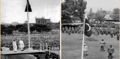 Nehru hoisting I Day flag and Jinnah doing the same in Pakistan