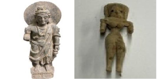 A Gandharan statute depicting a Maitreya form of the Buddha, left, and a terracotta figure of mother goddess from the Mehrgarh archaeological site were among 192 stolen antiquities returned to Pakistan by the Manhattan prosecutor Alvin Bragg in New York. (Photo Source: Manhattan District Attorney’s Office) 