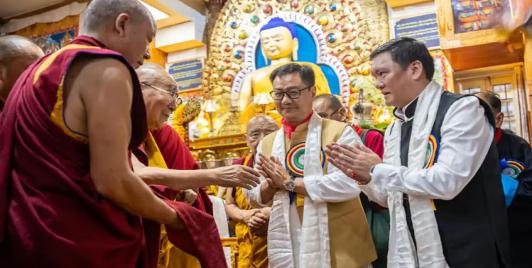 Union Minister Kiren Rijiju and Arunachal Pradesh Chief Minister Pema Khandu on Saturday attended the 90th birthday celebrations of the 14th Dalai Lama at Tsuglagkhang, Dharamshala