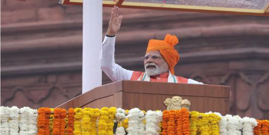 Prime Minister Narendra Modi addresses the nation during Independence Day celebrations at the historic Red Fort in Delhi