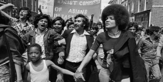 Black and Southasian organizers marched together in East London in the late 1970s, during the anti-fascist mobilizations that united communities against the National Front. Photo: Bengali Photo Archive, London.