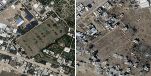 A before-and-after aerial view of the Gaza War Cemetery in Gaza City. Photos: Canadian Broadcast Corporation news report.